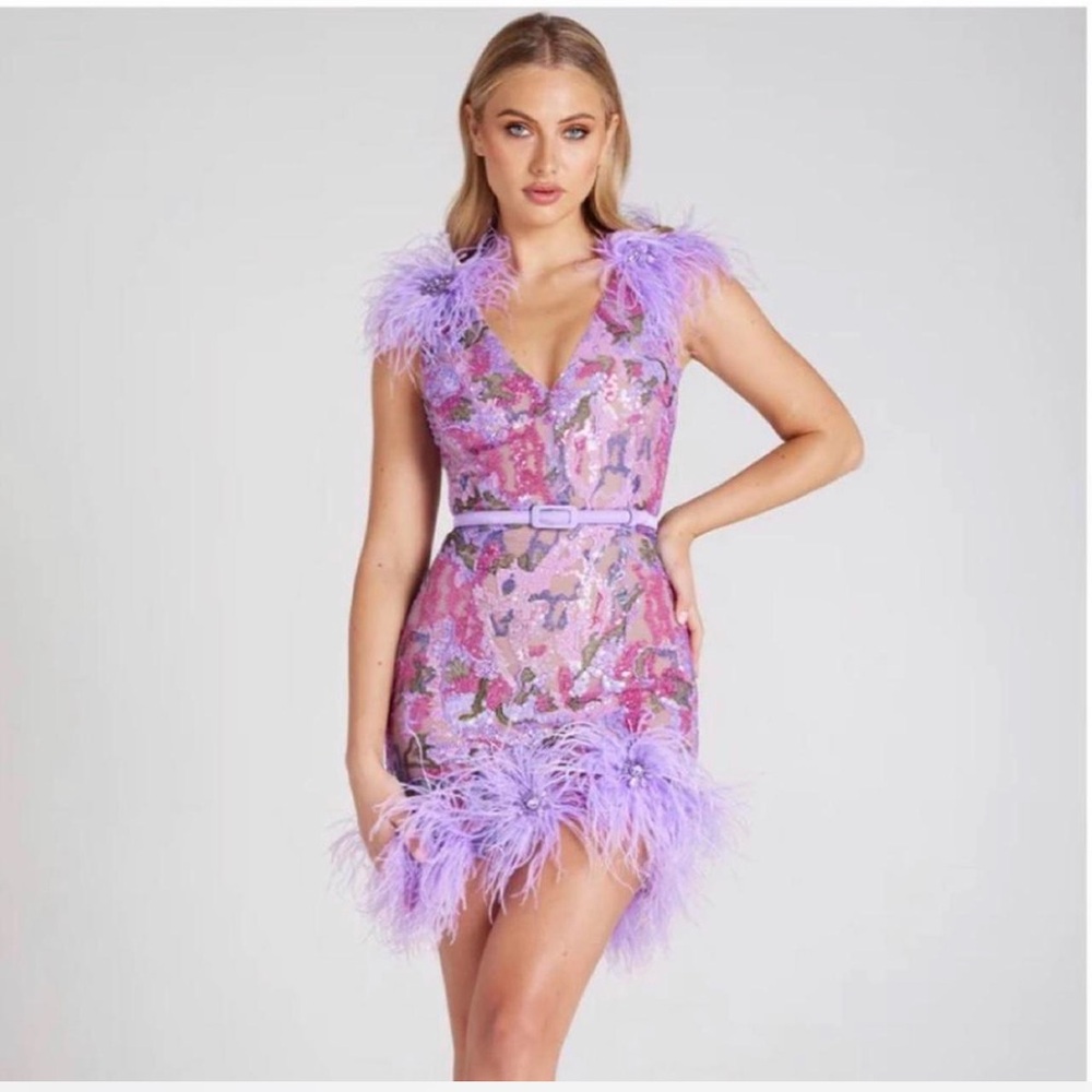 Nadine merabi Purple sequin dress with feather trim and beading - Picture 2 of 7